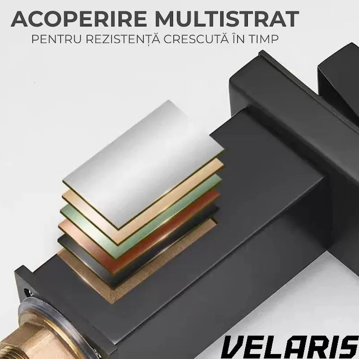 Baterie lavoar baie tip cascada cromata din bronz inaltime 160 mm pipa 135 mm monocomanda, negru mat