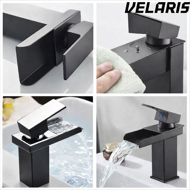 Baterie lavoar baie tip cascada cromata din bronz inaltime 160 mm pipa 135 mm monocomanda, negru mat