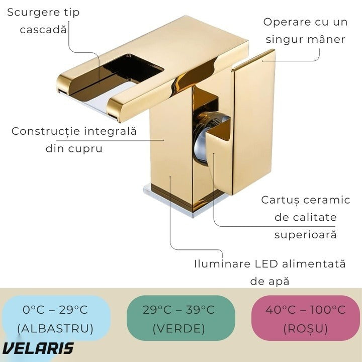 Baterie baie LED cascadă aur, iluminare RGB temperatură sensibilă, construcție alamă