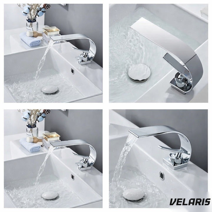 Robinet baie tip cascadă, alamă, înălțime 13 cm, conexiune 3/8", design modern argintiu