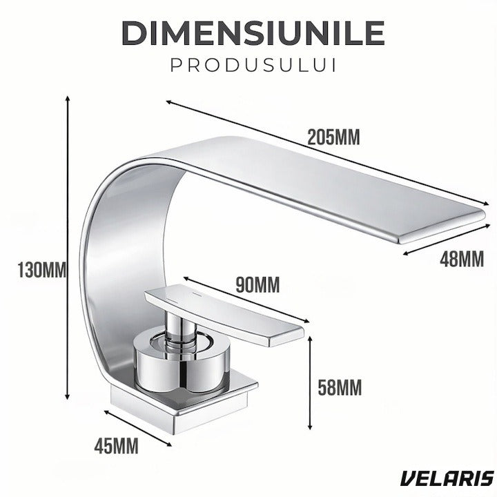 Robinet baie tip cascadă, alamă, înălțime 13 cm, conexiune 3/8", design modern argintiu