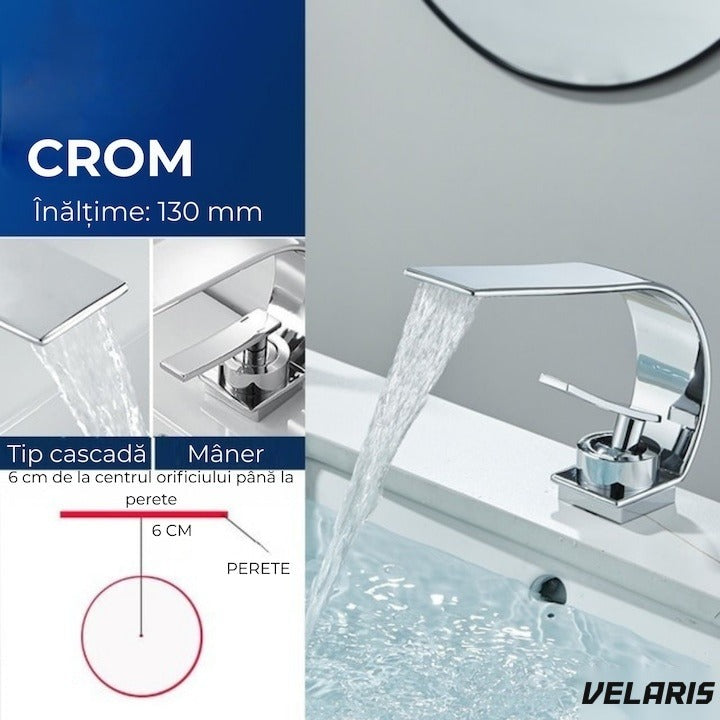 Robinet baie tip cascadă, alamă, înălțime 13 cm, conexiune 3/8", design modern argintiu