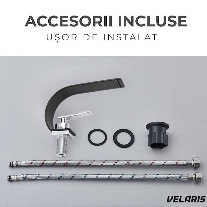 Baterie chiuveta cascada alamă negru mat, inaltime 13 cm, 3/8"