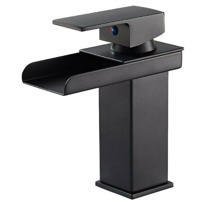Robinet lavoar tip cascadă, bronz cromat, înălțime 160 mm, spout 135 mm, mâner unic negru mat