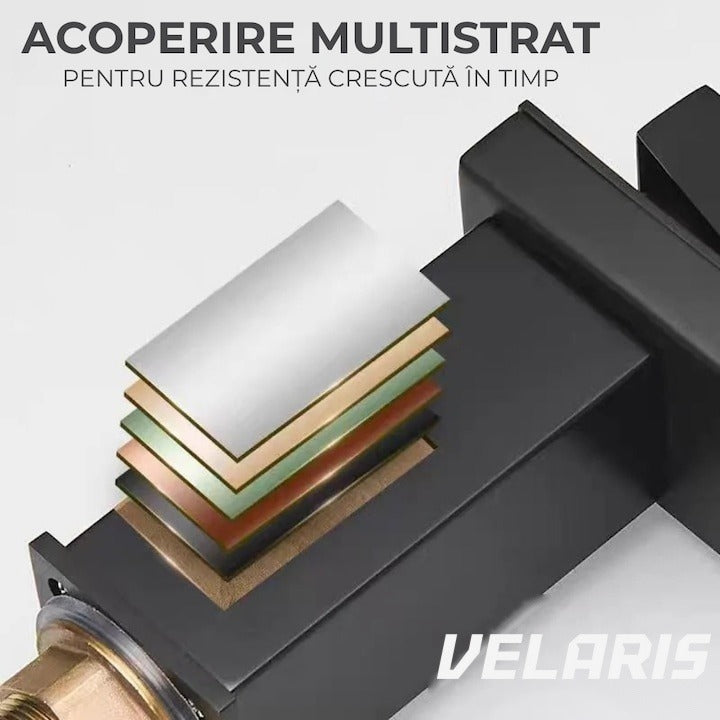 Robinet lavoar tip cascadă, bronz cromat, înălțime 160 mm, spout 135 mm, mâner unic negru mat