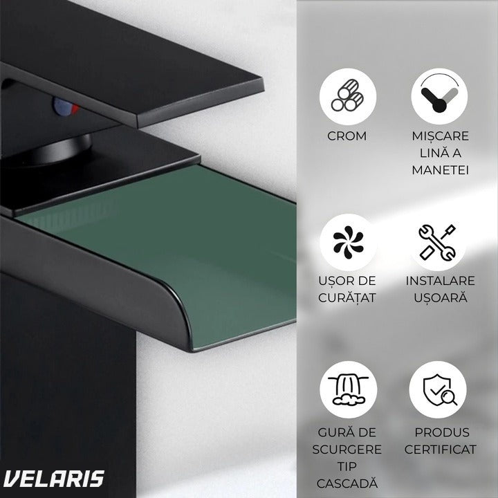 Robinet lavoar tip cascadă, bronz cromat, înălțime 160 mm, spout 135 mm, mâner unic negru mat