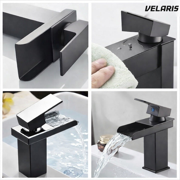 Robinet lavoar tip cascadă, bronz cromat, înălțime 160 mm, spout 135 mm, mâner unic negru mat
