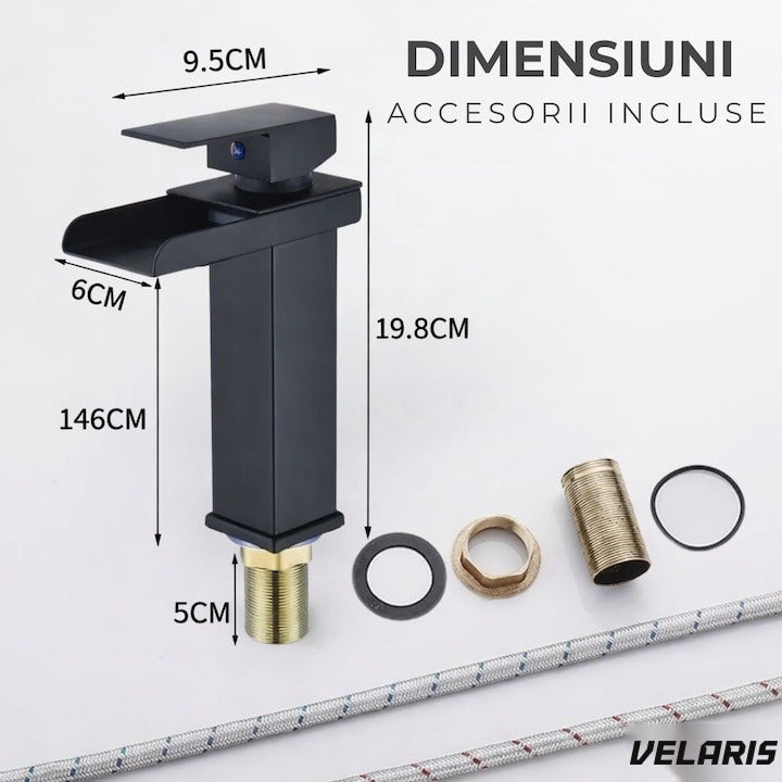 Robinet lavoar tip cascadă, bronz cromat, înălțime 160 mm, spout 135 mm, mâner unic negru mat