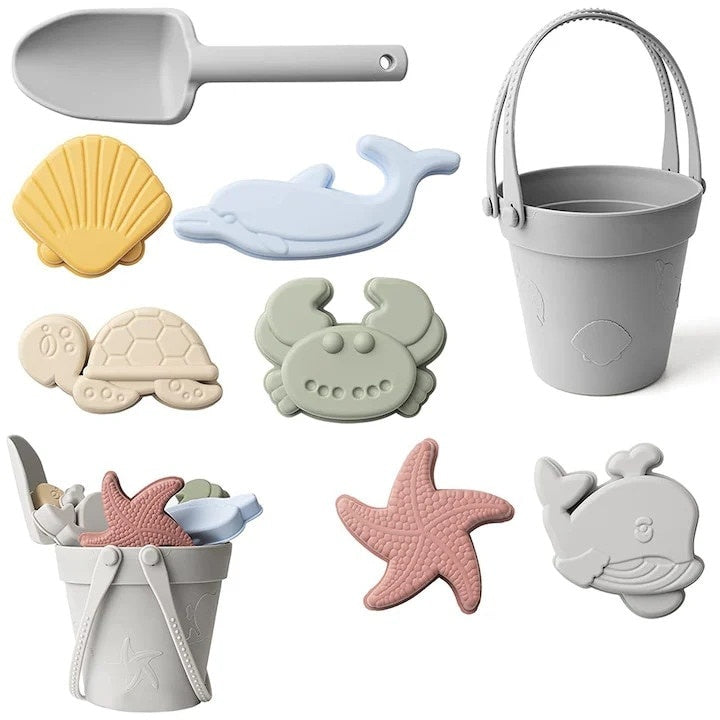Set jucării plajă silicon 8 piese, găleată, lopeți, forme nisip copii