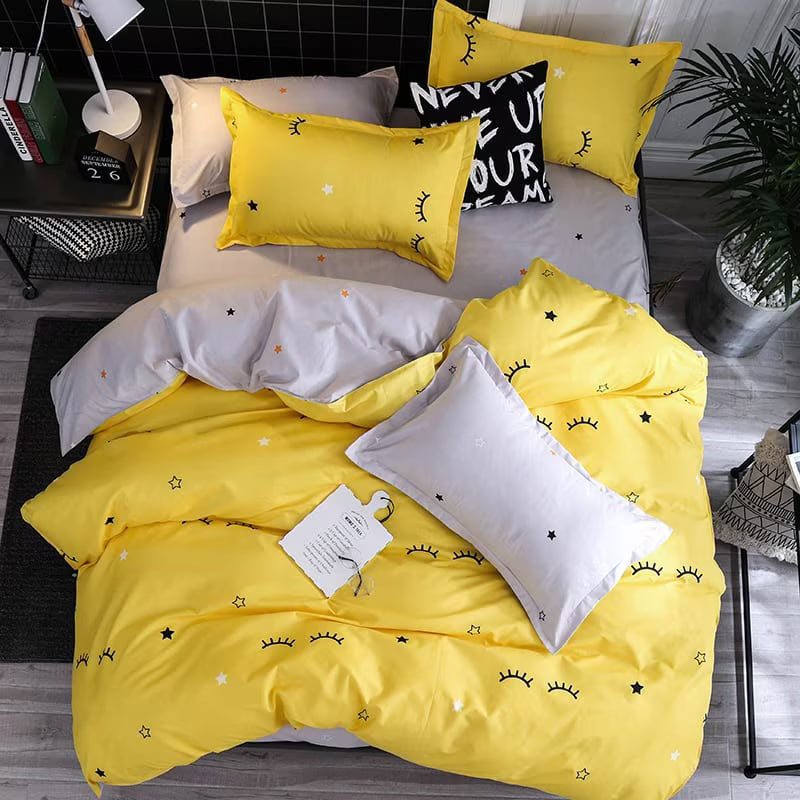 Lenjerie pat bumbac satin 4 piese, galben-gri deschis, 2 fete