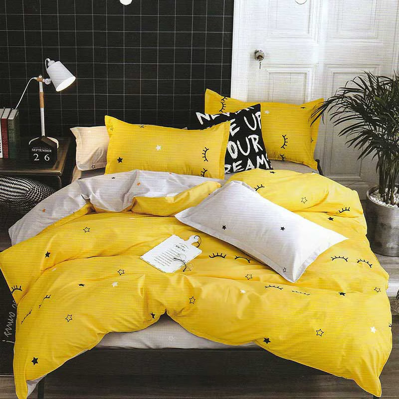 Lenjerie pat bumbac satin 4 piese, galben-gri deschis, 2 fete