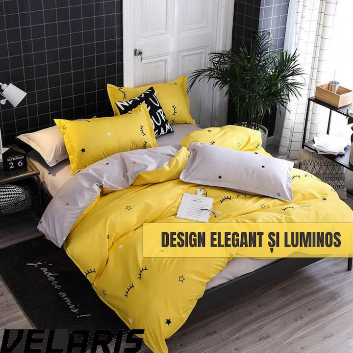 Lenjerie de pat bumbac gros, 4 piese, galben, pentru 2 persoane, 180-200 cm