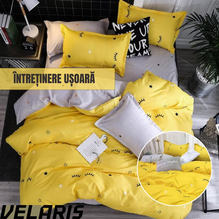 Lenjerie de pat bumbac gros, 4 piese, galben, pentru 2 persoane, 180-200 cm