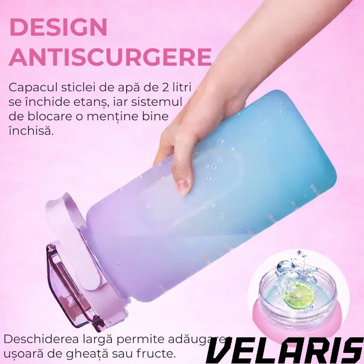 Bidon fitness de apa 2L multicolor, plastic PC fara BPA, cu duza, maner si inscriptii motivante, etansa cu garnitura siliconica