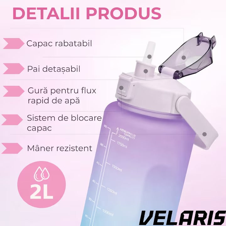 Bidon fitness de apa 2L multicolor, plastic PC fara BPA, cu duza, maner si inscriptii motivante, etansa cu garnitura siliconica
