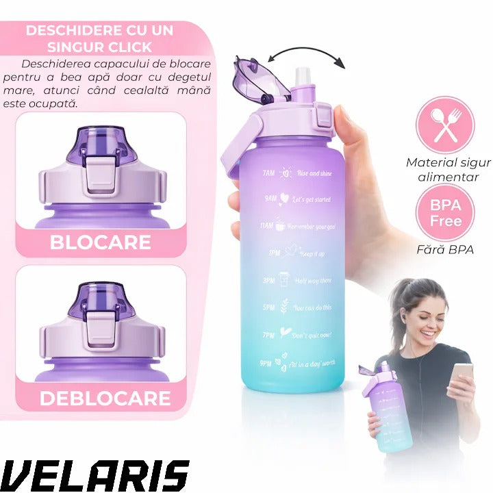 Bidon fitness de apa 2L multicolor, plastic PC fara BPA, cu duza, maner si inscriptii motivante, etansa cu garnitura siliconica