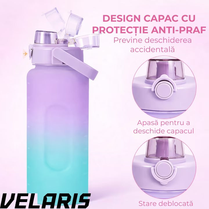 Bidon fitness de apa 2L multicolor, plastic PC fara BPA, cu duza, maner si inscriptii motivante, etansa cu garnitura siliconica