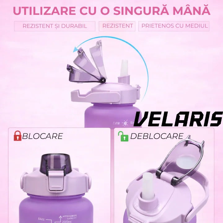 Bidon fitness de apa 2L multicolor, plastic PC fara BPA, cu duza, maner si inscriptii motivante, etansa cu garnitura siliconica