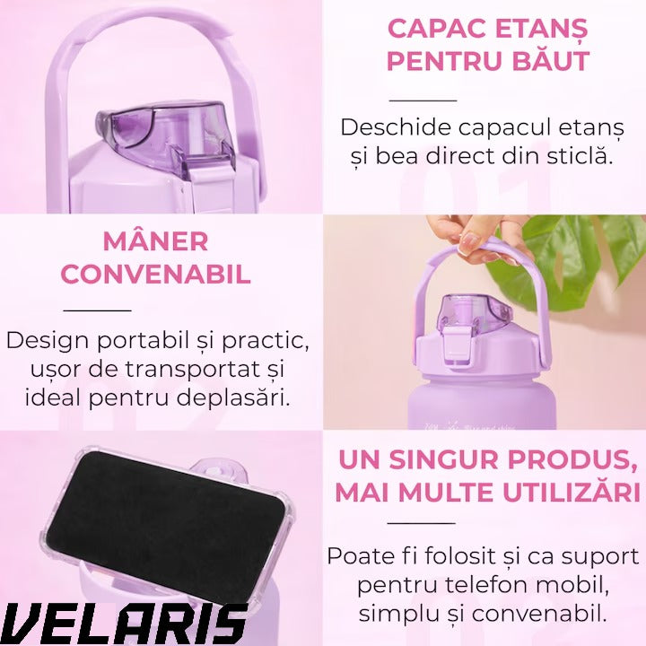 Bidon fitness de apa 2L multicolor, plastic PC fara BPA, cu duza, maner si inscriptii motivante, etansa cu garnitura siliconica