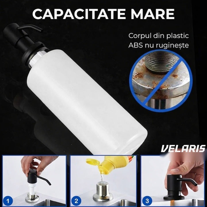 Dispenser încastrat în chiuvetă pentru săpun și detergent, rezervor 300 ml, negru