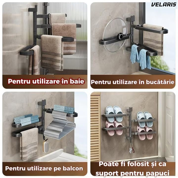 Suport de prosoape rotativ fără găurire, 4 brațe mobile, negru mat