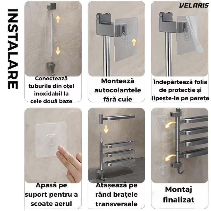 Suport de prosoape rotativ fără găurire, 4 brațe mobile, negru mat