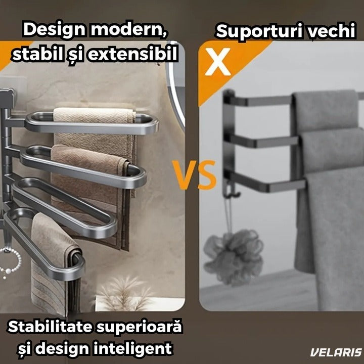 Suport de prosoape rotativ fără găurire, 4 brațe mobile, negru mat