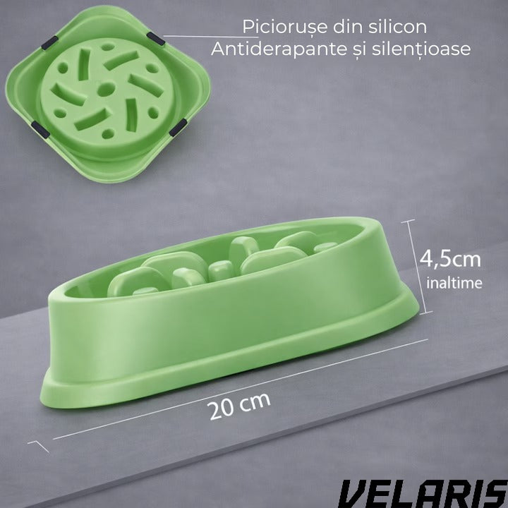 Bol pentru caini, hranire lenta, plastic, antiderapant, 19 cm, verde