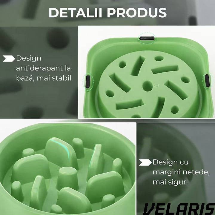 Bol pentru caini, hranire lenta, plastic, antiderapant, 19 cm, verde