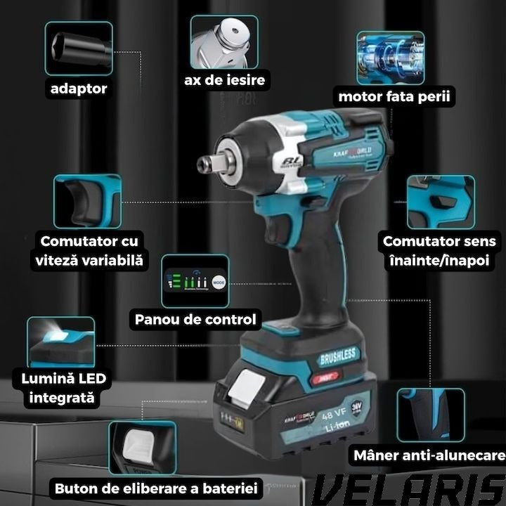 Bormasina de Impact 1000Nm 48VF Brushless cu 2 Baterii 4.0Ah, Cutie Transport, Incarcator Rapid, LED, Reglaj Viteza, Motor Fara Perii