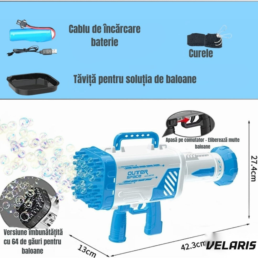 Pistol de baloane de săpun cu 64 de orificii, albastru