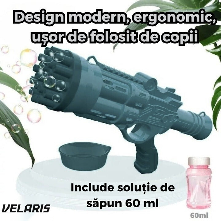 Pistol de baloane de săpun cu 24 orificii, efect turbo, structură ABS, albastru închis