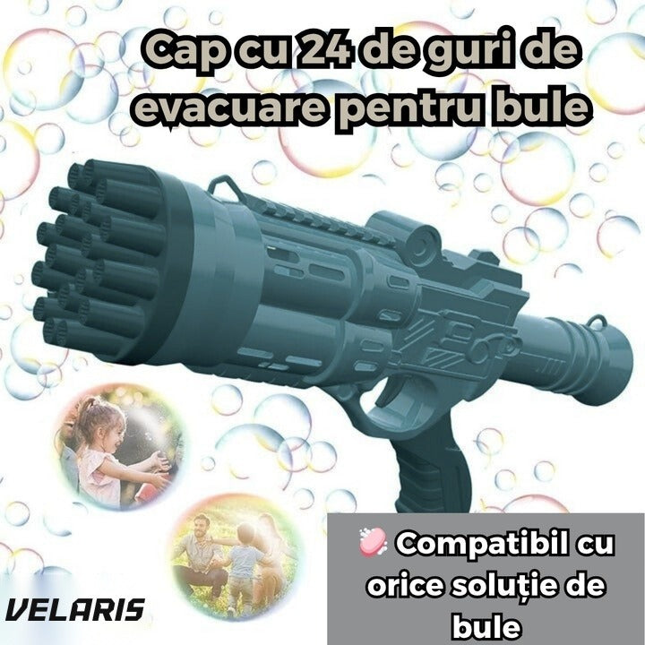 Pistol de baloane de săpun cu 24 orificii, efect turbo, structură ABS, albastru închis