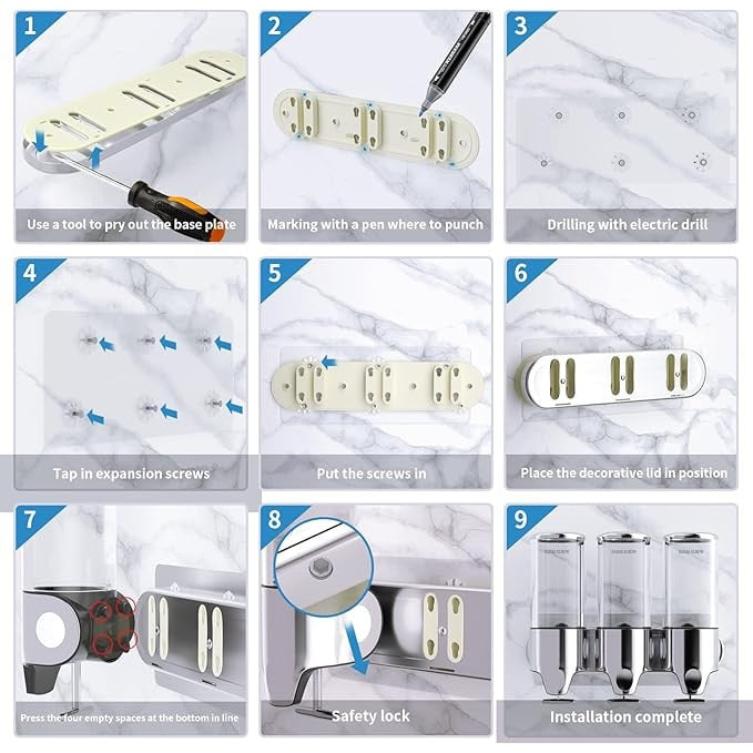Dispenser 3 in 1 pentru Sapun, Sampon si Balsam Montabil pe Perete, Transparent, pentru Baie si Bucatarie