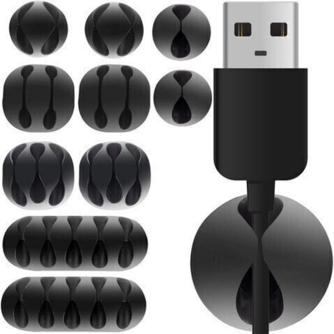 Set 10 Suporturi Autoadezive pentru Organizare Cabluri, 5 Dimensiuni Diferite, Negru