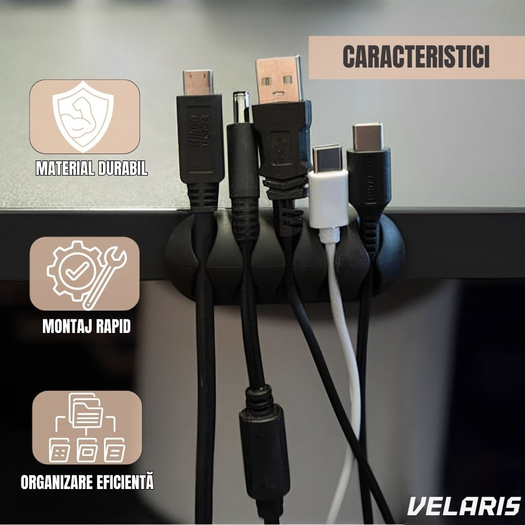 Set 10 Suporturi Autoadezive pentru Organizare Cabluri, 5 Dimensiuni Diferite, Negru