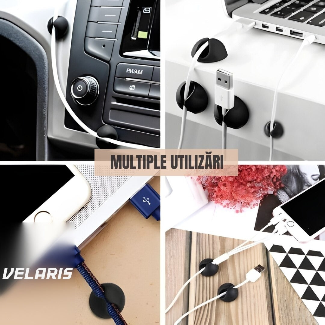 Set 10 Suporturi Autoadezive pentru Organizare Cabluri, 5 Dimensiuni Diferite, Negru