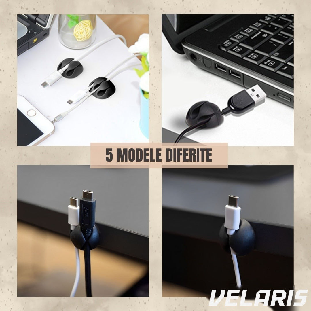 Set 10 Suporturi Autoadezive pentru Organizare Cabluri, 5 Dimensiuni Diferite, Negru