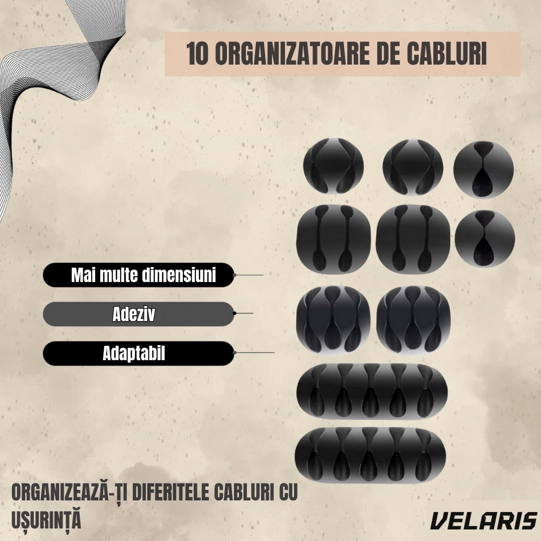 Set 10 Suporturi Autoadezive pentru Organizare Cabluri, 5 Dimensiuni Diferite, Negru