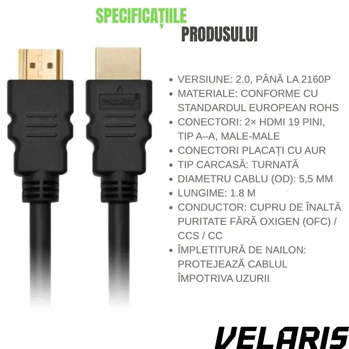 Cablu video HDMI la HDMI, 1.8m, conectori aurii premium, rezolutie 4K Ultra HD 60Hz, negru