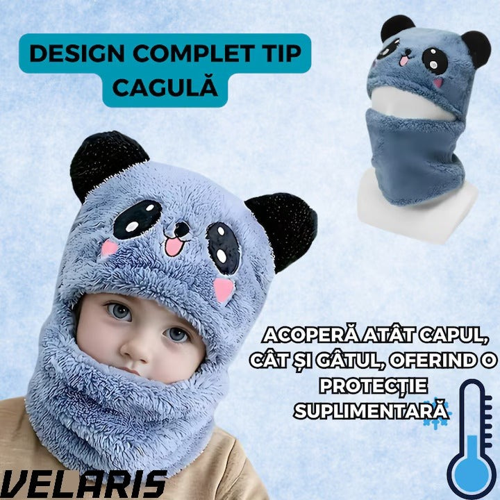 Caciula pentru copii tip cagula 2 in 1, tematica lumea animalelor, model ursulet panda zambitor, 1-5 ani, albastru