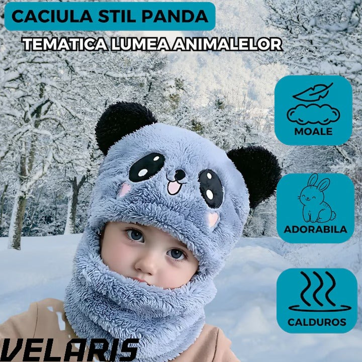 Caciula pentru copii tip cagula 2 in 1, tematica lumea animalelor, model ursulet panda zambitor, 1-5 ani, albastru
