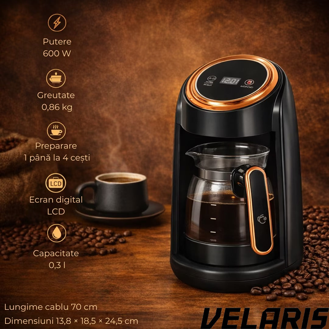 Cafetiera Electrica Tip Ibric pentru Cafea Turceasca, 600W, 0, 3L, Display LCD, Negru/Auriu, Multifunctionala