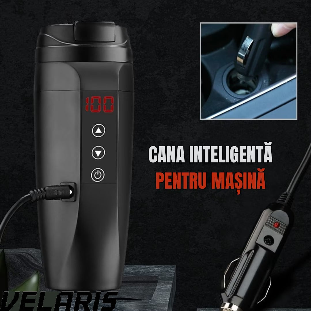 Cana inteligenta tip termos, afisaj temperatura, inox premium, etansa, incarcare auto 12V/24V, 0.45L, negru