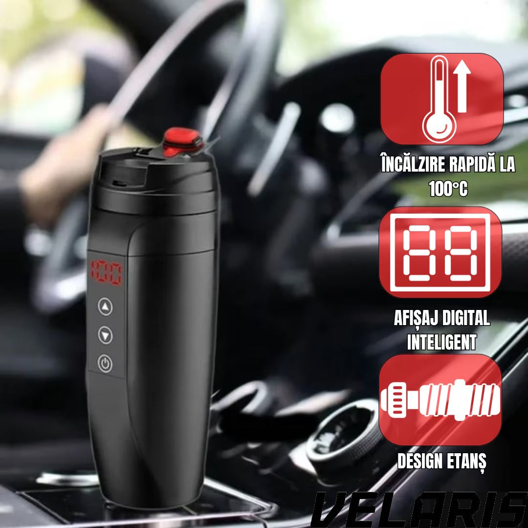 Cana inteligenta tip termos, afisaj temperatura, inox premium, etansa, incarcare auto 12V/24V, 0.45L, negru