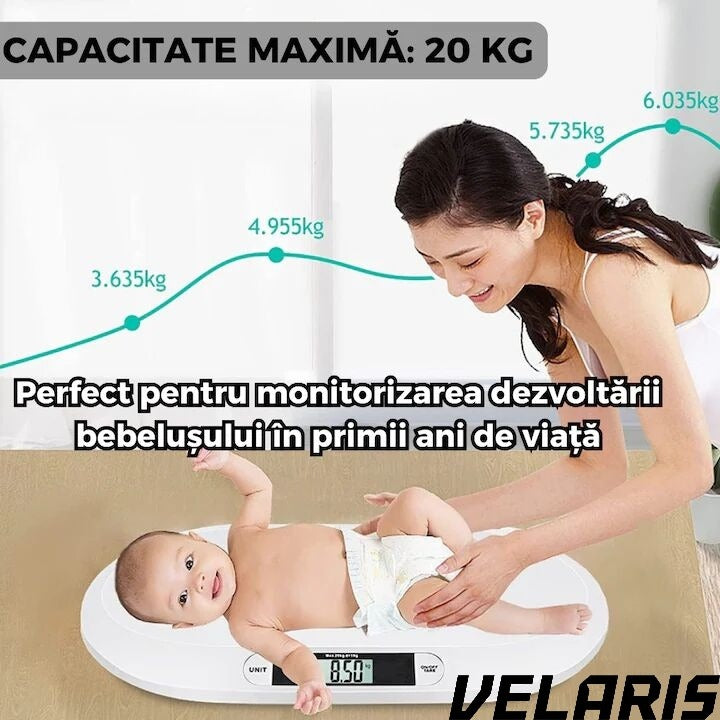 Cantar Electronic Bebe cu Display LCD, Precizie la Gram, 20KG, Design Ergonomic, Ultra Slim, Alb