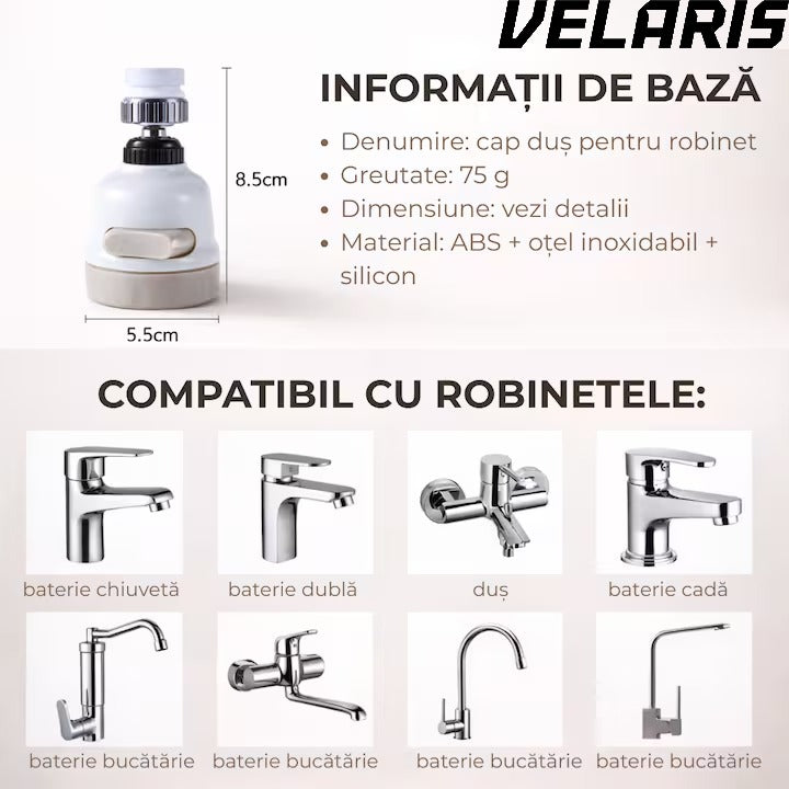 Cap de Robinet Universal, pentru Chiuveta, 3 Moduri de Jet, Rotire 360°, Alb/Bej, Usor de Montat