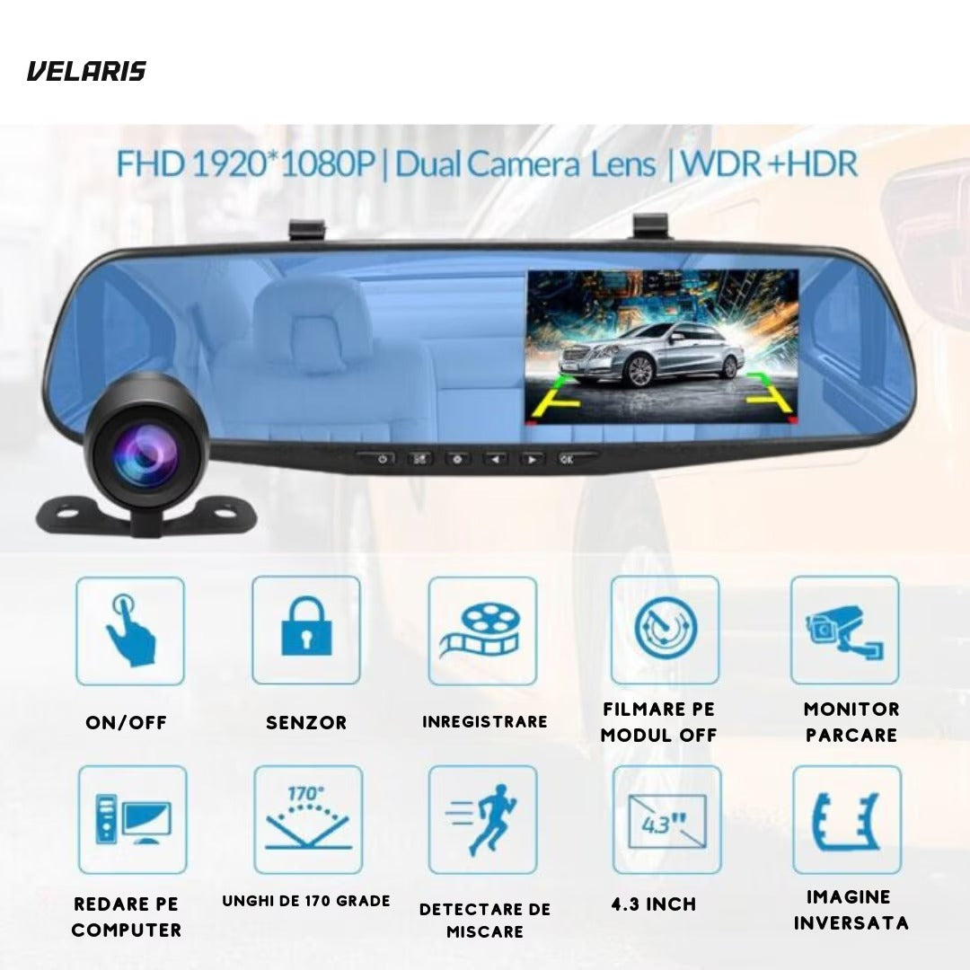 Oglindă auto DVR cu 2 camere, Full HD 1080p, ecran 4.3 inch, slot microSD