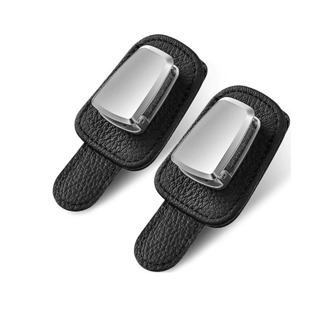 Suport ochelari pentru parasolar auto, piele și aluminiu, 5x10 cm, negru