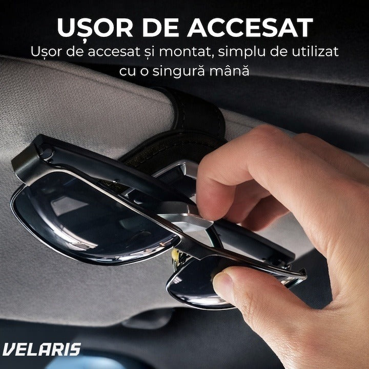 Suport ochelari pentru parasolar auto, piele și aluminiu, 5x10 cm, negru